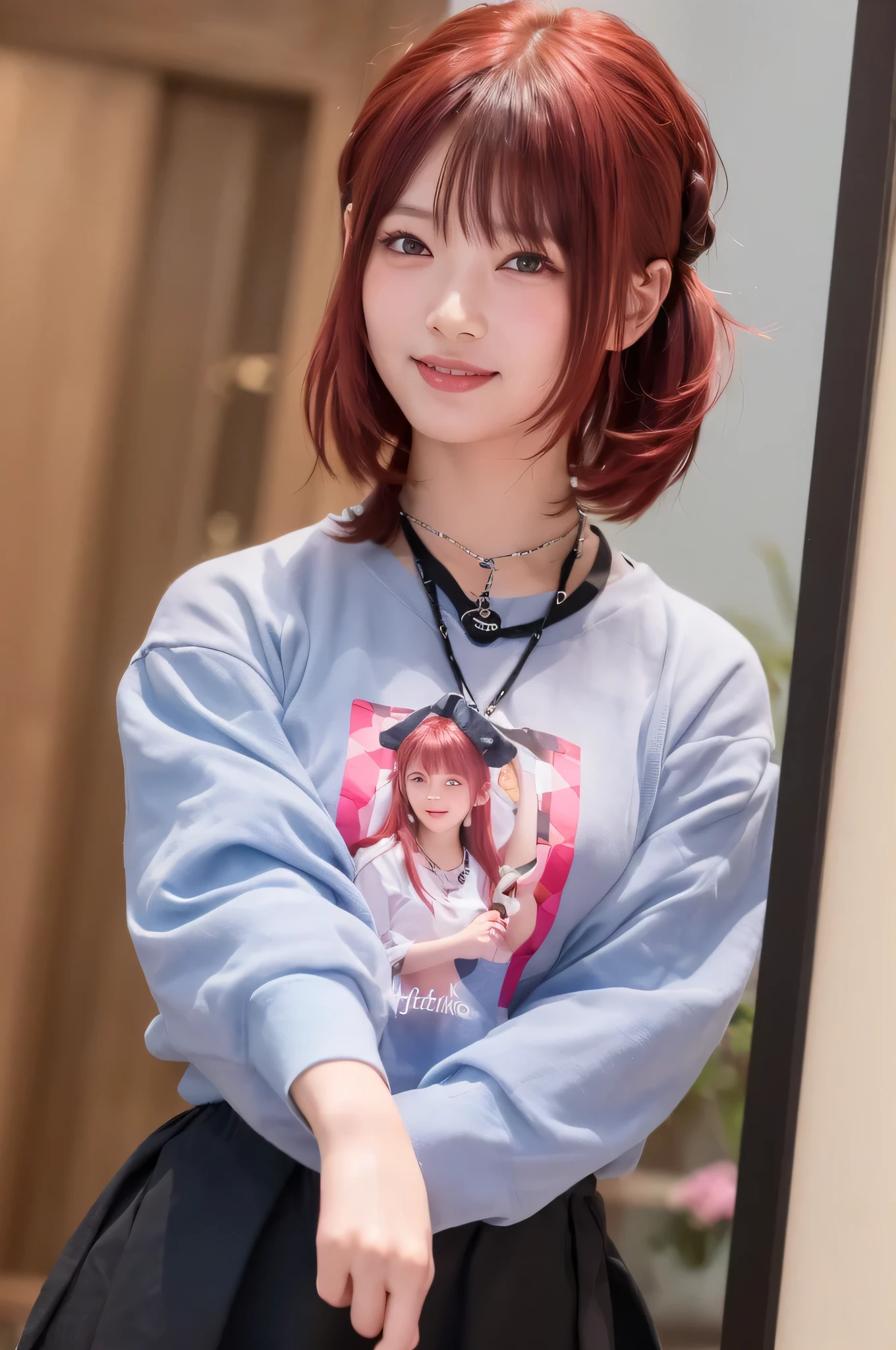 (top quality、8k、32K、masterpiece)、(realistic)、(realistic:1.2)、(high resolution)、very detailed、 very cute face and eyes、1 、round face、tight waist、Delicate Body、(close、top quality、attention to detail、rich skin details)、(top quality、8k、Oil:1.2)、(realistic、realistic:1.37)、bright color、(((I have Red hair)))、(((Upper Body Shot)))、(((Girly Hair)))、(((I have a girly hairstyle)))、(((Smiling expression)))、((( Red hair )))、((It's a pink and black t-shirt)))、(((I'm wearing a gingham check t-shirt)))、((( I'm doing a fist pose )))、(((I have Red hair)))、((( wearing a pink t-shirt )))、(((has bangs)))、((( moon necklace )))、(((I have medium hair)))、(((it's in a frame)))、(((happy)))、background is white wall