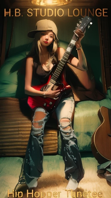 A blonde young European woman with eyes playing the electric guitar sitting on her bed, petits seins, jupe blanche, chemisier ouvert, jambes ouverte, Canon, Fujifilm, 8k, accurate, best quality, award winning, high details --auto