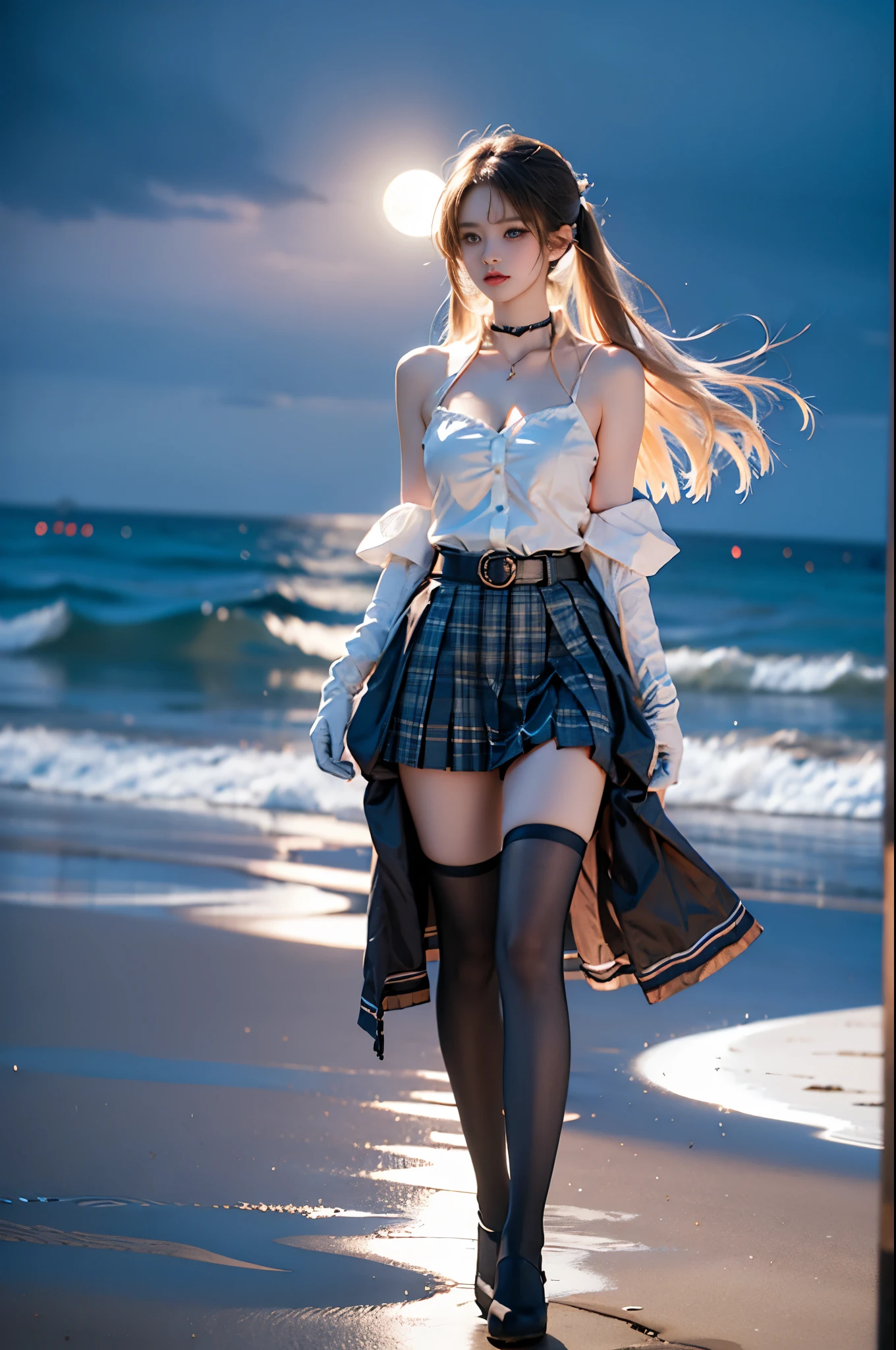 angela cosplay costume, cosplay, orange hair, long hair, twintails, drill hair, school uniform, serafuku, white shirt, shirt, plaid skirt, pleated skirt, sailor collar, choker, belt, gloves, fingerless gloves, bracelet, animal ear headphones, headphones, hair ornament, id card, name tag, single knee pad, bow, hair bow, thighhighs, white thighhighs, boots, ankle boots
,,((full body, from below)), (masterpiece, best quality, ultra-detailed, 8k), realistic, a beautiful sexy long-legged model on a tropical beach, (I-type Valley), (Full breasts, visible cleavage, very short skirt hem, exposed shoulders), (Tyndall Effect), (At night,:1.3 moonlight:1.3), standing in shallow water, one hand playfully lifting her hair, the other gently raising the hem of her flowing summer dress, seductive pose, perfect and symmetrical leg anatomy, glistening water, soft natural lighting, (wind blowing gently:1.1), (ambient lighting:1.2), bokeh, cinematic shot, dynamic angle, professional photography, shallow depth of field, sharp focus, vibrant colors, (slightly tanned skin:1.1), (natural makeup:1.1), (delicate features:1.1), (ocean waves gently lapping at her feet:1.1)