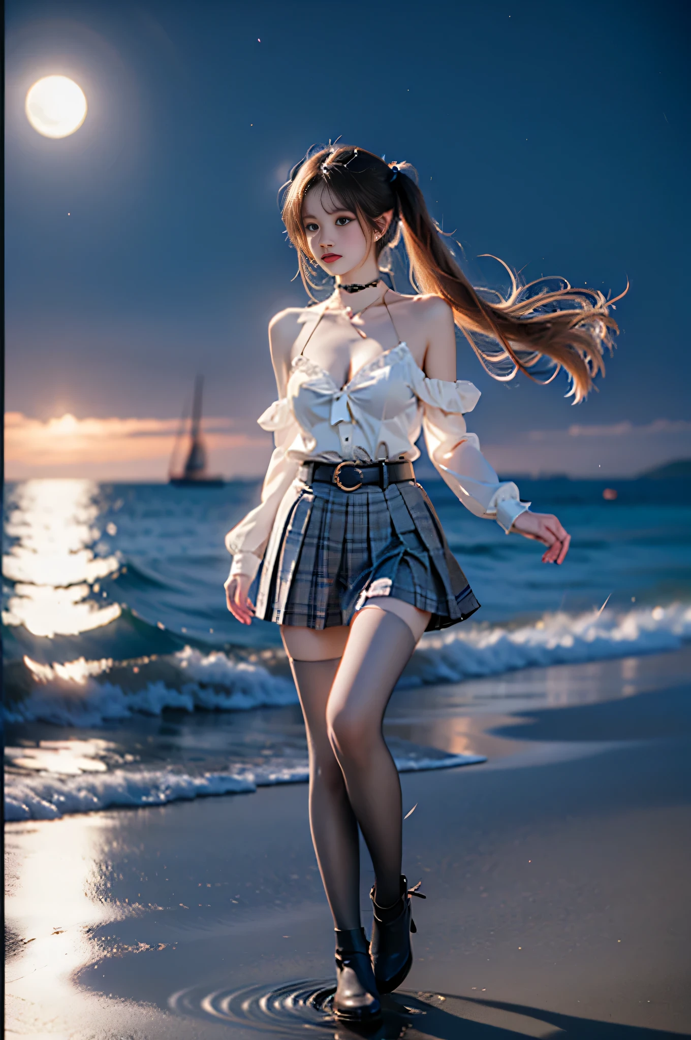 angela cosplay costume, cosplay, orange hair, long hair, twintails, drill hair, school uniform, serafuku, white shirt, shirt, plaid skirt, pleated skirt, sailor collar, choker, belt, gloves, fingerless gloves, bracelet, animal ear headphones, headphones, hair ornament, id card, name tag, single knee pad, bow, hair bow, thighhighs, white thighhighs, boots, ankle boots
 ,,((full body, from below)), (masterpiece, best quality, ultra-detailed, 8k), realistic, a beautiful sexy long-legged model on a tropical beach, (I-type Valley), (Full breasts, visible cleavage, very short skirt hem, exposed shoulders), (Tyndall Effect), (At night,:1.3 moonlight:1.3), standing in shallow water, one hand playfully lifting her hair, the other gently raising the hem of her flowing summer dress, seductive pose, perfect and symmetrical leg anatomy, glistening water, soft natural lighting, (wind blowing gently:1.1), (ambient lighting:1.2), bokeh, cinematic shot, dynamic angle, professional photography, shallow depth of field, sharp focus, vibrant colors, (slightly tanned skin:1.1), (natural makeup:1.1), (delicate features:1.1), (ocean waves gently lapping at her feet:1.1)

