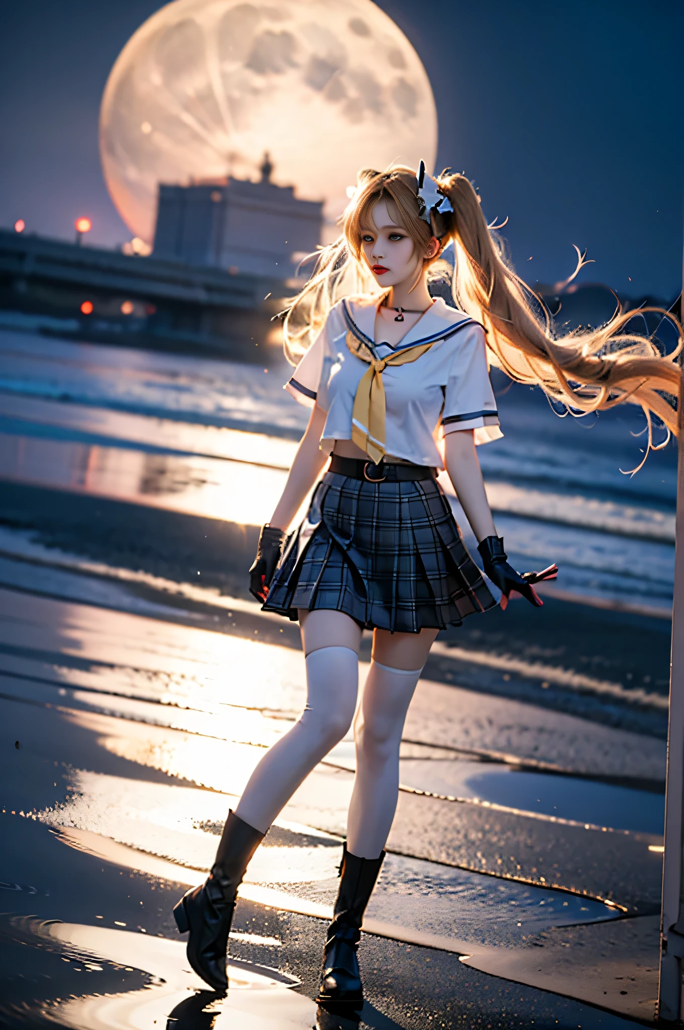 angela cosplay costume, cosplay, orange hair, long hair, twintails, drill hair, school uniform, serafuku, white shirt, shirt, plaid skirt, pleated skirt, sailor collar, choker, belt, gloves, fingerless gloves, bracelet, animal ear headphones, headphones, hair ornament, id card, name tag, single knee pad, bow, hair bow, thighhighs, white thighhighs, boots, ankle boots
,,((full body, from below)), (masterpiece, best quality, ultra-detailed, 8k), realistic, a beautiful sexy long-legged model on a tropical beach, (I-type Valley), (Full breasts, visible cleavage, very short skirt hem, exposed shoulders), (Tyndall Effect), (At night,:1.3 moonlight:1.3), standing in shallow water, one hand playfully lifting her hair, the other gently raising the hem of her flowing summer dress, seductive pose, perfect and symmetrical leg anatomy, glistening water, soft natural lighting, (wind blowing gently:1.1), (ambient lighting:1.2), bokeh, cinematic shot, dynamic angle, professional photography, shallow depth of field, sharp focus, vibrant colors, (slightly tanned skin:1.1), (natural makeup:1.1), (delicate features:1.1), (ocean waves gently lapping at her feet:1.1)