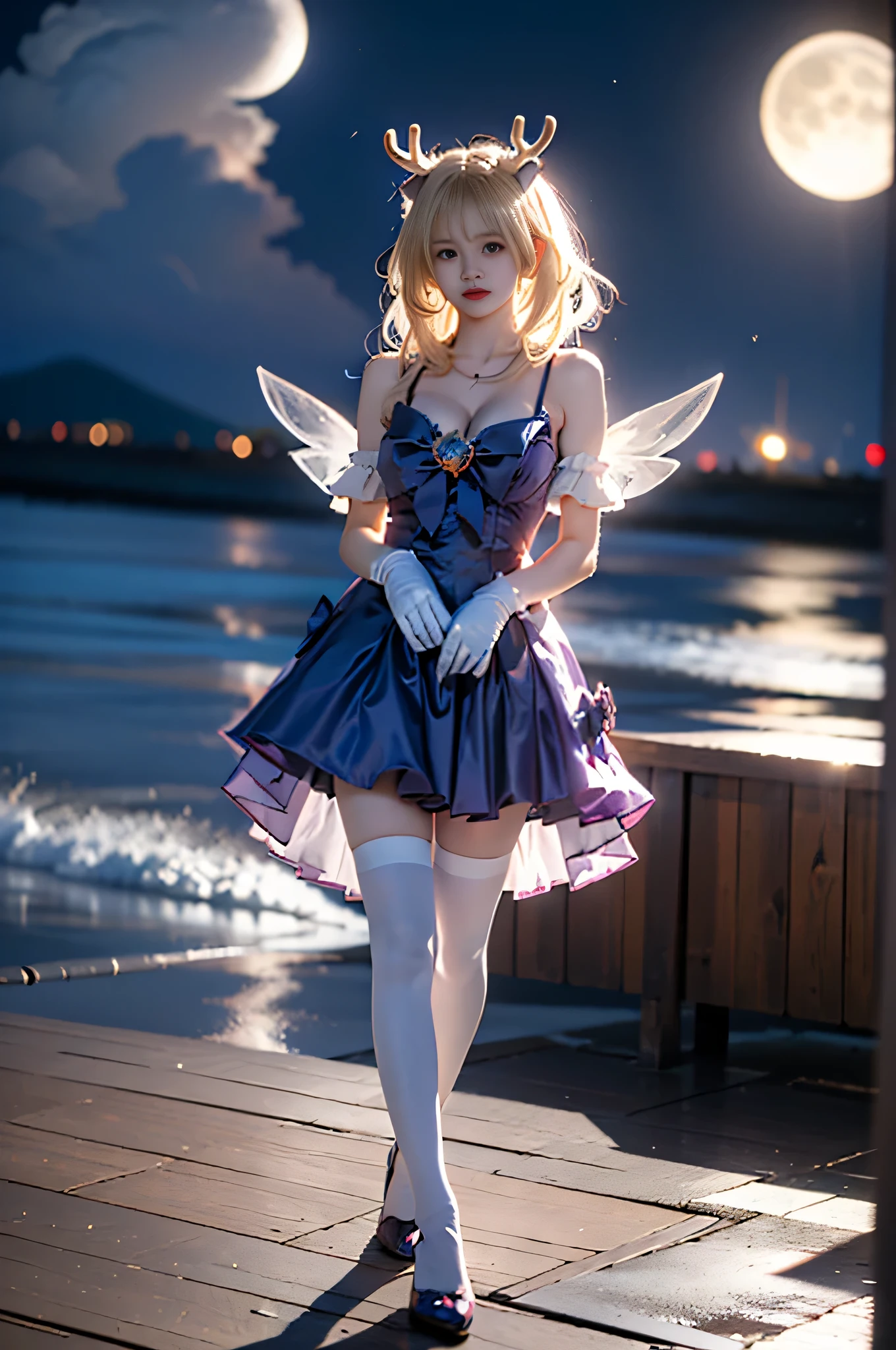yao cosplay costume, cosplay, blonde hair, dress, gloves, white gloves, antlers, animal ears, horns, bow, hair ornament, wings, thighhighs, white thighhighs, purple high heels
,,((full body, from below)), (masterpiece, best quality, ultra-detailed, 8k), realistic, a beautiful sexy long-legged model on a tropical beach, (I-type Valley), (Full breasts, visible cleavage, very short skirt hem, exposed shoulders), (Tyndall Effect), (At night,:1.3 moonlight:1.3), standing in shallow water, one hand playfully lifting her hair, the other gently raising the hem of her flowing summer dress, seductive pose, perfect and symmetrical leg anatomy, glistening water, soft natural lighting, (wind blowing gently:1.1), (ambient lighting:1.2), bokeh, cinematic shot, dynamic angle, professional photography, shallow depth of field, sharp focus, vibrant colors, (slightly tanned skin:1.1), (natural makeup:1.1), (delicate features:1.1), (ocean waves gently lapping at her feet:1.1)