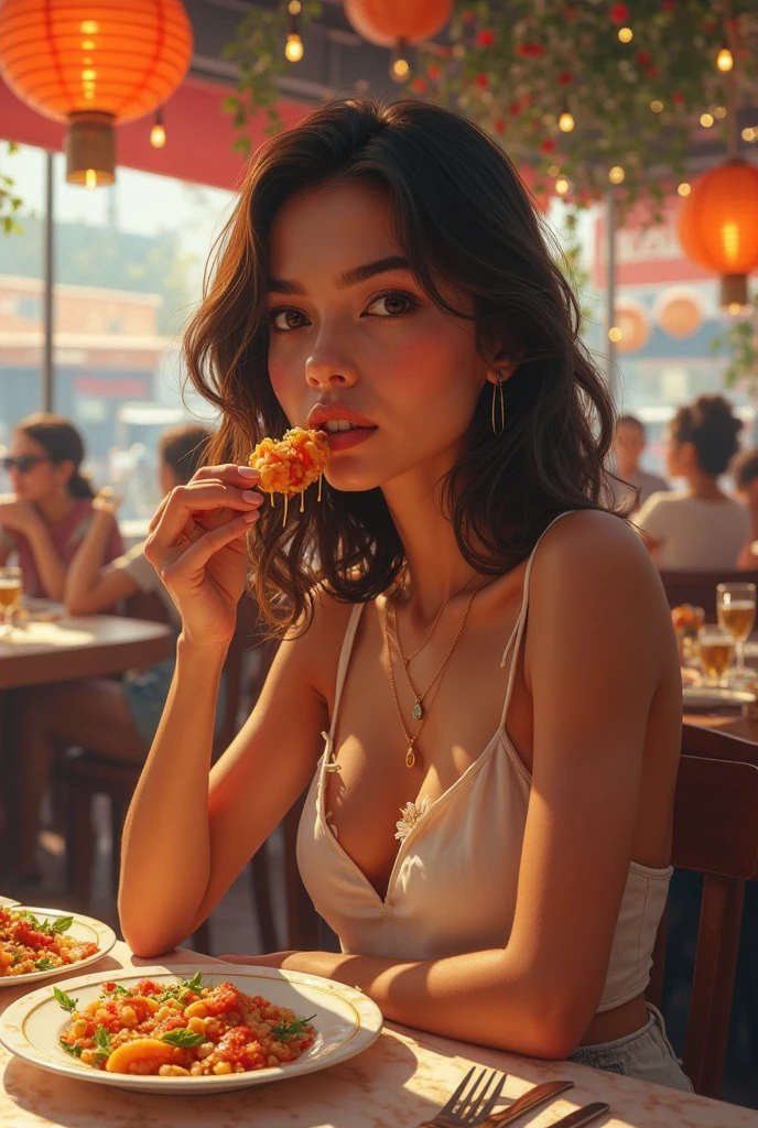 (best quality,4k,8k,highres,masterpiece:1.2),ultra-detailed,(realistic,photorealistic,photo-realistic:1.37),woman holding a slice of piping hot pizza, detailed food texture, detailed hands, warm lighting, soft colors, cinematic composition, delicious, appetizing