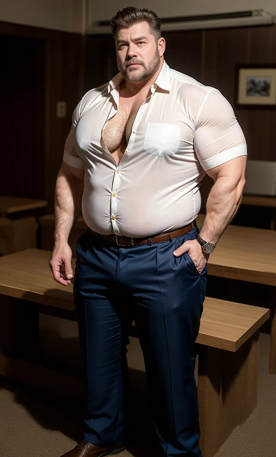 (best quality,4k,8k,highres,masterpiece:1.2), age 60, white man sheriff , horny disgusting, muscular chubby, kind, opened red silk shirt, mature daddy, Dress Pants with big bulge, hairy chest hard nipple, belt, loafer,