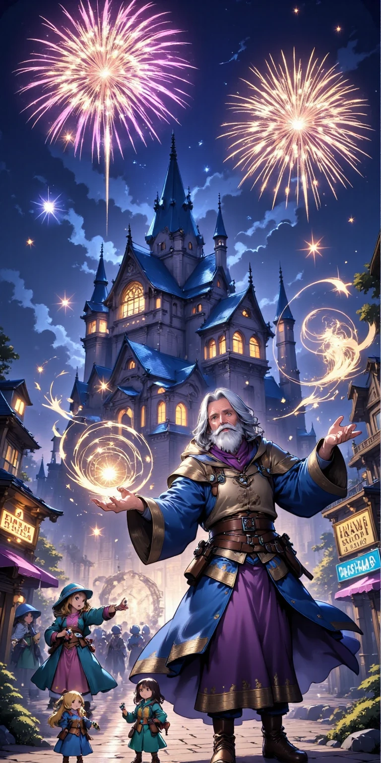 Nostlgic RPG Style, fireworks,A retired old magician sets off fireworks with magic, Theme park at night ,Children filled with joy