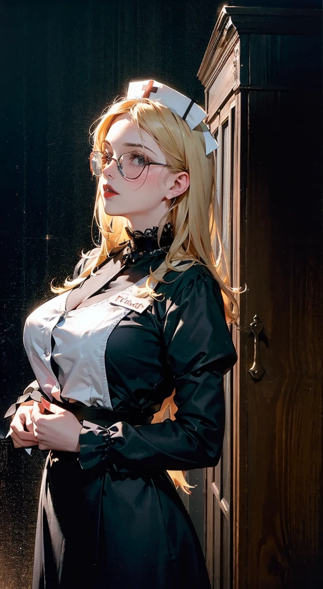 Solo-Fokus, Eine kurvige junge Frau mit hellbraunen Haaren zum Pferdeschwanz bietet sich einer Domina als Sklavin an, Brille, Sklavenhalsband, Leine anbieten, kniend, Augen nach unten, flehender Ausdruck, Bondage-Club, Nachtlokal