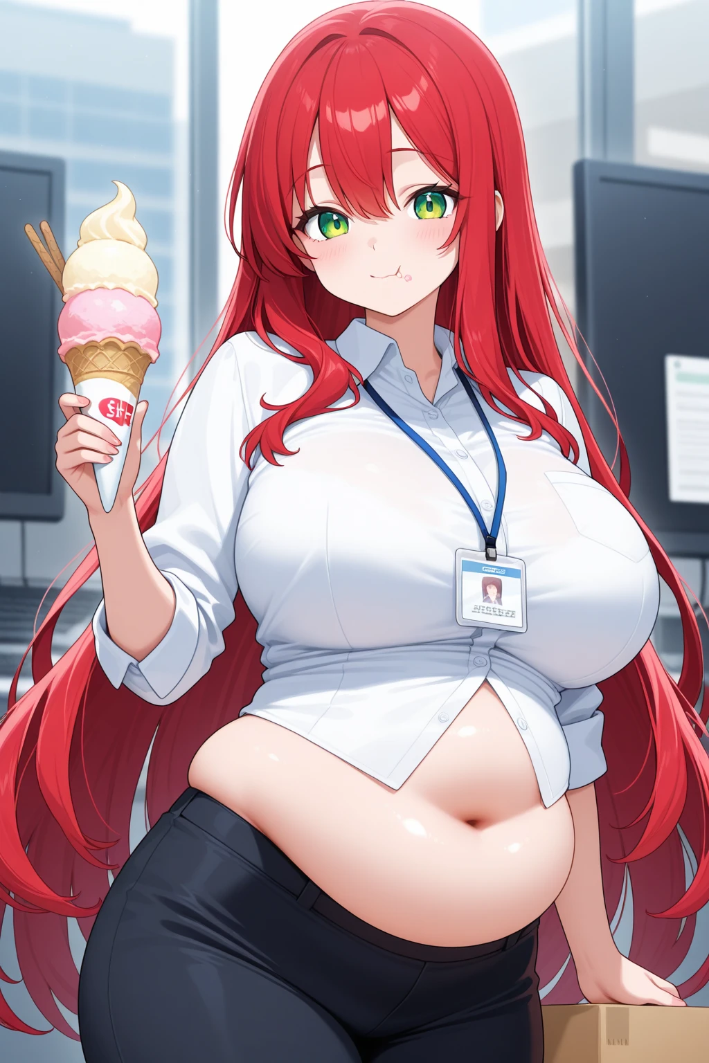 march 7th from honkai star rail, fat, big belly, obese, pregnant, fat stomach, eating ice cream, table with food, very fat