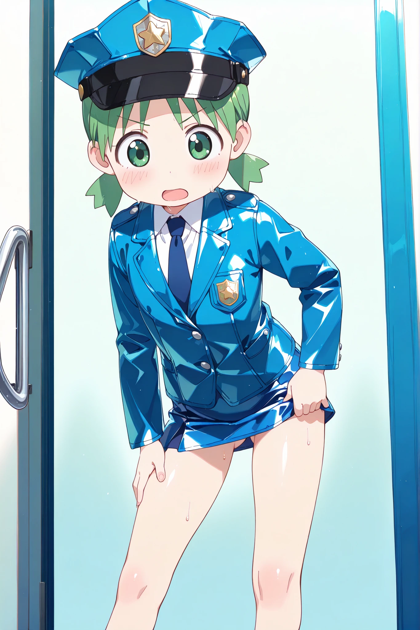 ,(((anime style))),score_9, score_8_up, score_7_up,masterpiece, best quality,ultra detail,1girl,((solo)),koiwai yotsuba,yasuna oribe,(((toddler))),quad tails,, (green hair),(green eyes),((looking down)),school,((blue Police Uniform)),(police hat),(((blue leather blazer))),(long sleeve),(((shiny leather blue mini skirt))),((white shirt)),((blue tie)),((Flat Chest)),(((knee))), ((hands on skirt edge)),(((dramatic angle))),((leaning forward)),
,(ass visible through thighs),(((contrapposto))),(A glimpse of her thin thighs),open mouth,sweat,blush,v-shaped eyebrows,