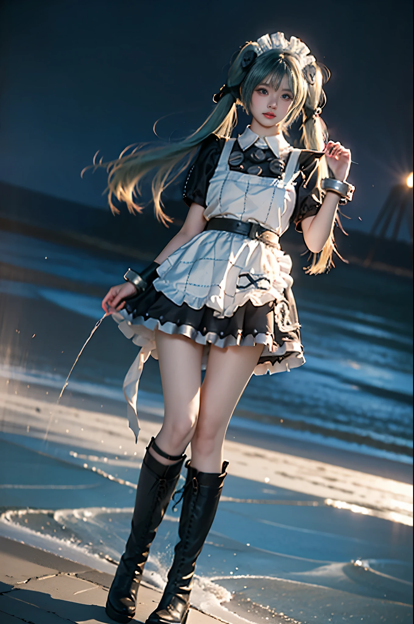 corin cosplay costume,corin,cosplay,long hair,green hair,twintails,hair ornament,maid,dress,frilled dress,frills,apron,maid apron,maid headdress,puffy short sleeves,belt,chain,wrist cuffs,cuffs,handcuffs,ribbon,boots,knee boots ,,((full body, from below)), (masterpiece, best quality, ultra-detailed, 8k), realistic, a beautiful sexy long-legged model on a tropical beach, (I-type Valley), (Full breasts, visible cleavage, very short skirt hem, exposed shoulders), (Tyndall Effect), (At night,:1.3 moonlight:1.3), standing in shallow water, one hand playfully lifting her hair, the other gently raising the hem of her flowing summer dress, seductive pose, perfect and symmetrical leg anatomy, glistening water, soft natural lighting, (wind blowing gently:1.1), (ambient lighting:1.2), bokeh, cinematic shot, dynamic angle, professional photography, shallow depth of field, sharp focus, vibrant colors, (slightly tanned skin:1.1), (natural makeup:1.1), (delicate features:1.1), (ocean waves gently lapping at her feet:1.1)