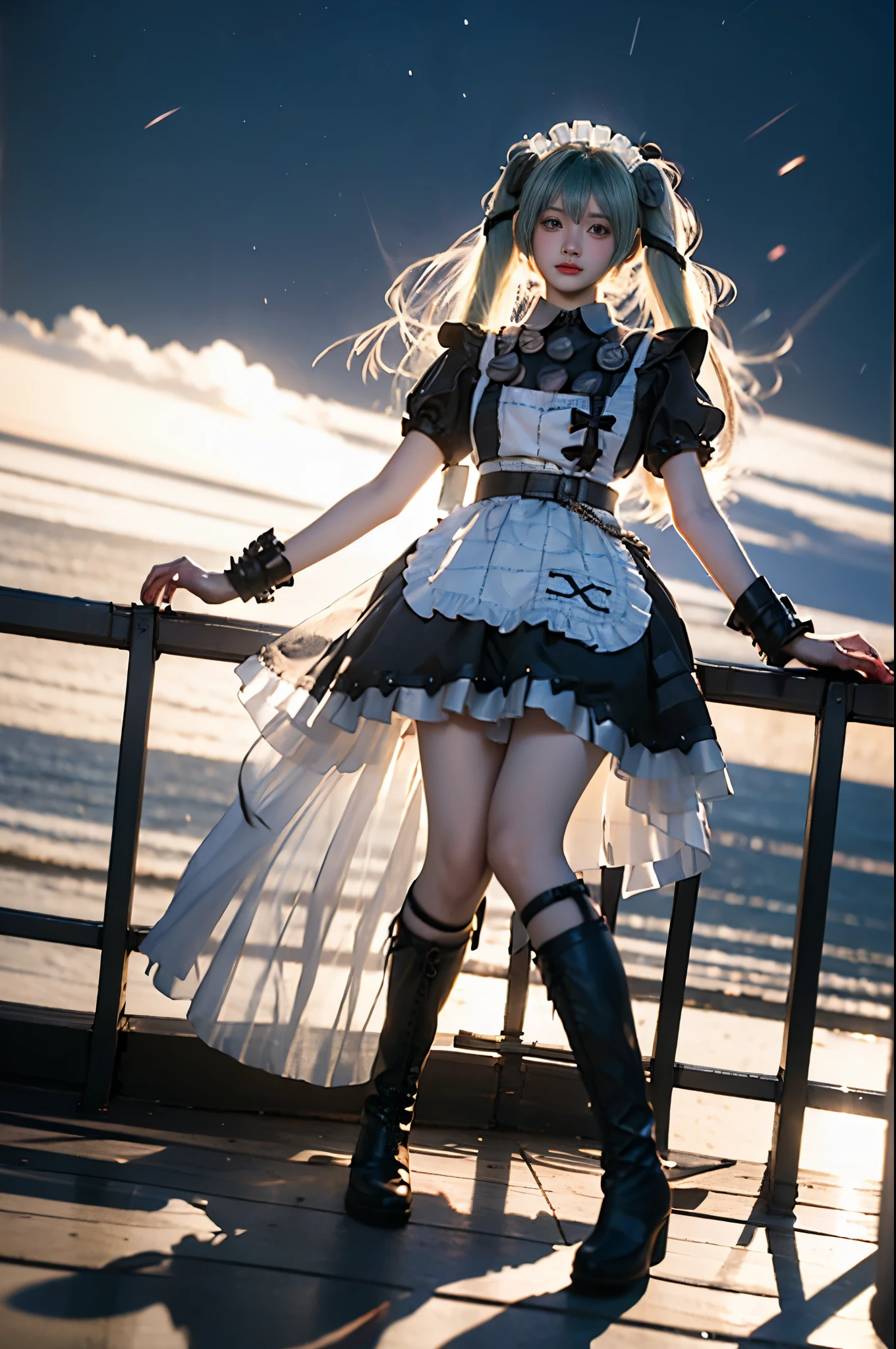 corin cosplay costume,corin,cosplay,long hair,green hair,twintails,hair ornament,maid,dress,frilled dress,frills,apron,maid apron,maid headdress,puffy short sleeves,belt,chain,wrist cuffs,cuffs,handcuffs,ribbon,boots,knee boots ,,((full body, from below)), (masterpiece, best quality, ultra-detailed, 8k), realistic, a beautiful sexy long-legged model on a tropical beach, (I-type Valley), (Full breasts, visible cleavage, very short skirt hem, exposed shoulders), (Tyndall Effect), (At night,:1.3 moonlight:1.3), standing in shallow water, one hand playfully lifting her hair, the other gently raising the hem of her flowing summer dress, seductive pose, perfect and symmetrical leg anatomy, glistening water, soft natural lighting, (wind blowing gently:1.1), (ambient lighting:1.2), bokeh, cinematic shot, dynamic angle, professional photography, shallow depth of field, sharp focus, vibrant colors, (slightly tanned skin:1.1), (natural makeup:1.1), (delicate features:1.1), (ocean waves gently lapping at her feet:1.1)