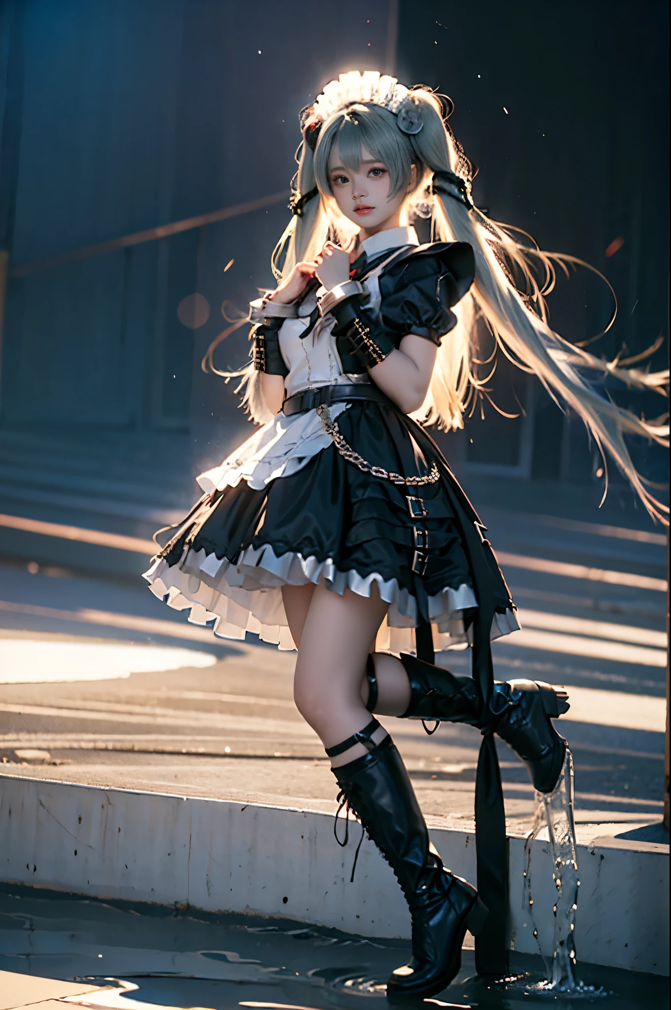 corin cosplay costume,corin,cosplay,long hair,green hair,twintails,hair ornament,maid,dress,frilled dress,frills,apron,maid apron,maid headdress,puffy short sleeves,belt,chain,wrist cuffs,cuffs,handcuffs,ribbon,boots,knee boots ,,((full body, from below)), (masterpiece, best quality, ultra-detailed, 8k), realistic, a beautiful sexy long-legged model on a tropical beach, (I-type Valley), (Full breasts, visible cleavage, very short skirt hem, exposed shoulders), (Tyndall Effect), (At night,:1.3 moonlight:1.3), standing in shallow water, one hand playfully lifting her hair, the other gently raising the hem of her flowing summer dress, seductive pose, perfect and symmetrical leg anatomy, glistening water, soft natural lighting, (wind blowing gently:1.1), (ambient lighting:1.2), bokeh, cinematic shot, dynamic angle, professional photography, shallow depth of field, sharp focus, vibrant colors, (slightly tanned skin:1.1), (natural makeup:1.1), (delicate features:1.1), (ocean waves gently lapping at her feet:1.1)