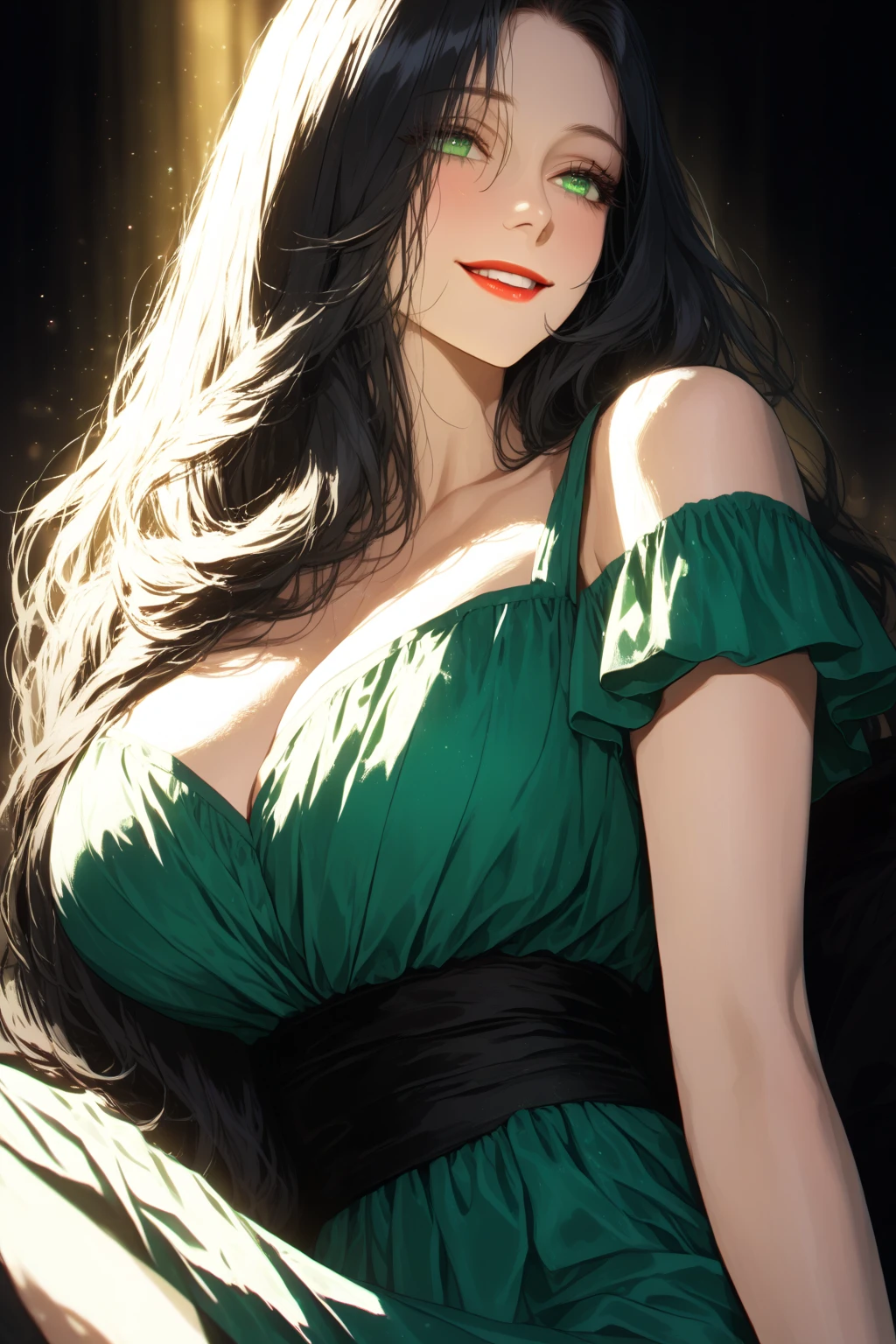 (top quality, masterpiece, high quality, ultra-delicate), ((beautiful girl)), ((Dark black hair)), mature, graceful curves, (long hair, long bangs), ((bright green eyes)), detailed eyes, modern clothing, bangs, fashionable clothing, black collar, full body black v neck sleeveless dress, casual ribbon, large breast and chest, charm, fashion, sunset in the background small blush, thick thighs, large breast, green earrings.
