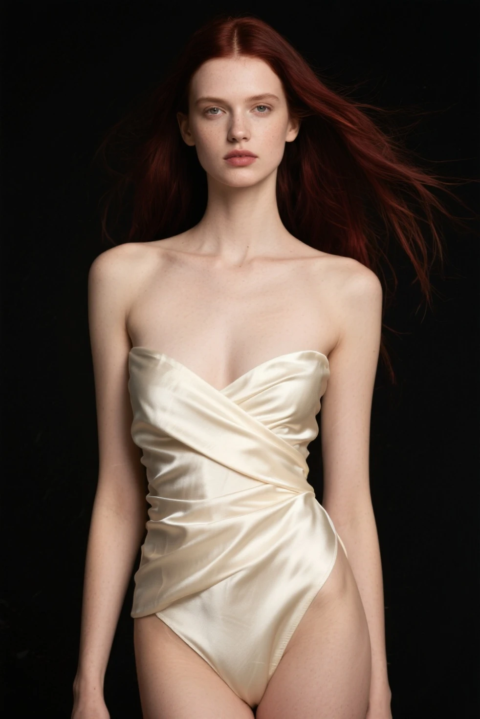 A tall, lanky young woman, 22 years old, with long shoulders and a slender, athletic build, small breasts and soft thighs, giving her a delicate and graceful appearance, strawberry blonde hair, freckles, standing, long legs, wearing a body con dress skirt, (best quality,4k,8k,highres,masterpiece:1.2),ultra-detailed,(realistic,photorealistic,photo-realistic:1.37),extremely detailed eyes and face,beautiful detailed eyes,beautiful detailed lips,longeyelashes,highfashion,glamorous,natural lighting,cinematic,warm colors,soft focus