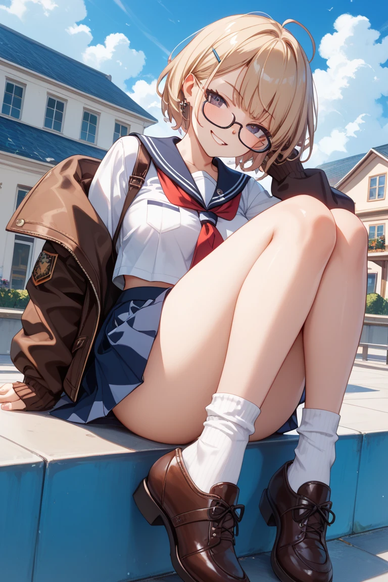(1 female), 独奏, Kuriyama_mirai, Brown hair_shoe, A black_legwear very, Green grass_skirt by the. Cardigan, eye glasses, The Perfect Five Fingers,open cardigan, Open your clothes, panthyhose, pleatedskirt, Red-framed eyewear, student clothes, serafuku, short-hair, skirt by the, (Superfine), Beautiful breasts, The hair、Top resolution、top-quality、(Angle peeking out from below)、Under the skirt、Under the skirt、(Close-up of underwear from below)、up shirt、Top resolution、top-quality、(masterpiece)、extra detailed face、Original Characters、Perfect litthing、best colors、colourfull、Beautiful fece、finely detail、超A high resolution、Natural voluminous lighting and the best shadows、Deep Depth Of Field(top-quality、Superb Detail:1.4)from the front side、Opening legs、PAW Pose、Squatting、