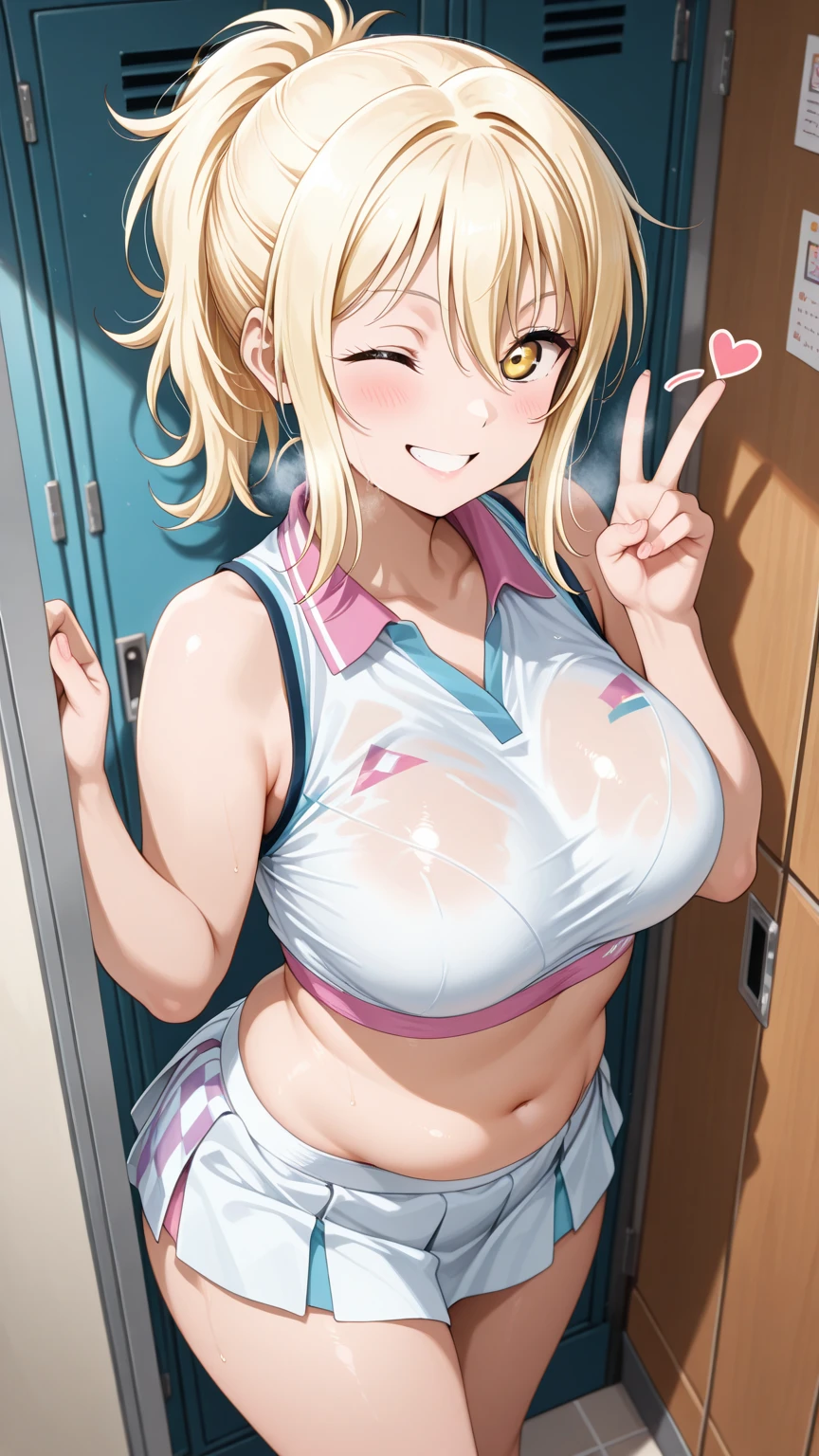 sauce_anime, score_9, score_8_superior, score_7_superior, score_6_superior, score_5_superior, score_4_superior,
One girl, alone, Medium Hair, View your viewers, smile, Large Breasts, Brown Hair, belly button, Cleavage, Brown eyes, Jacket, topless,Side Ponytail, open Jacket, yellow,Scrunchie, pink Jacket, Star hair ornament