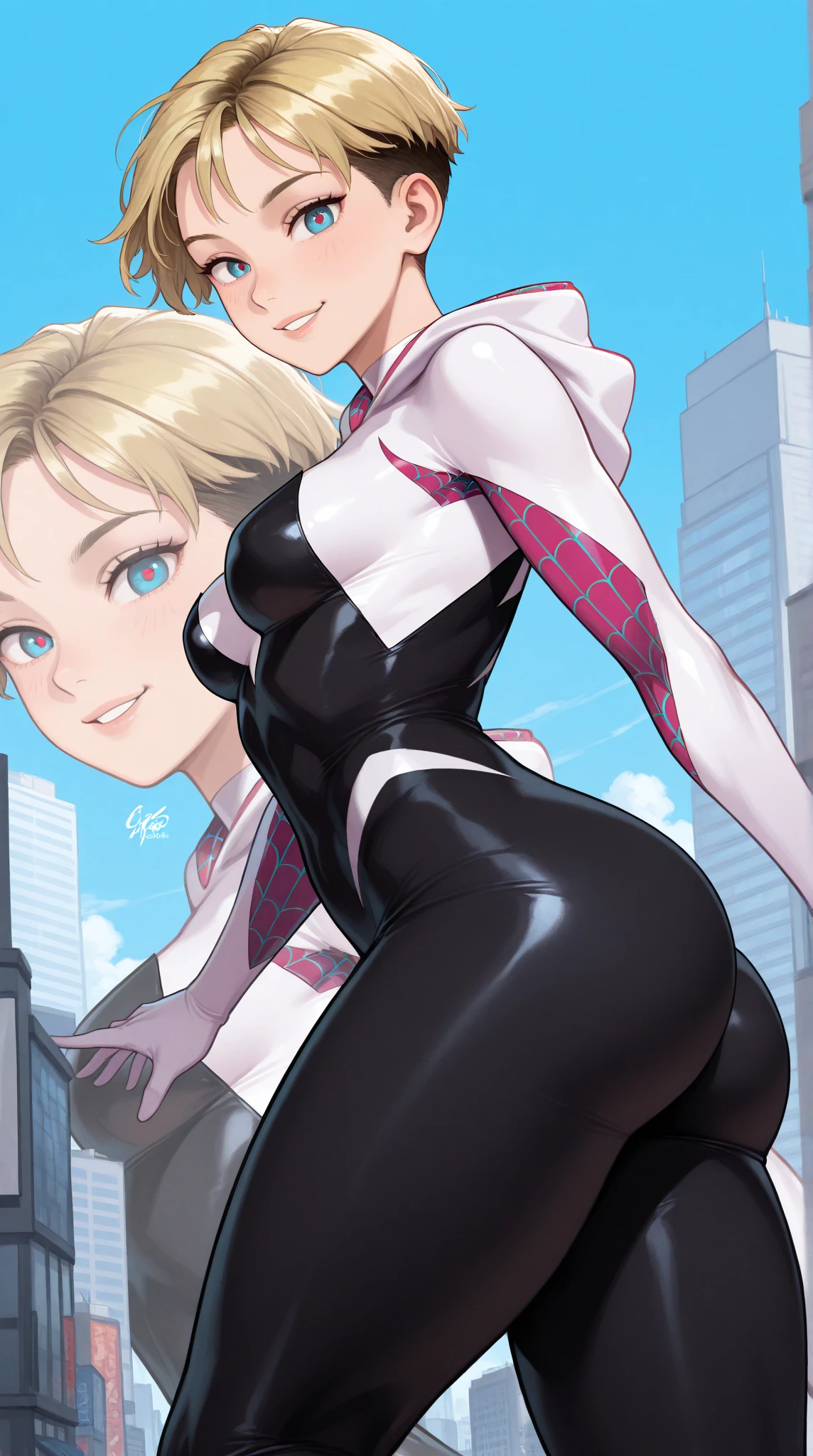 anime_source, (masterpiece), best quality, expressive eyes, perfect face, score_9, score_8_up, score_7_up, 1girl, blonde hair, blue eyes, bodysuit, jack o pose, top down bottom up, breasts, medium breasts, silk, solo, spider web, torn clothes, spider gwen