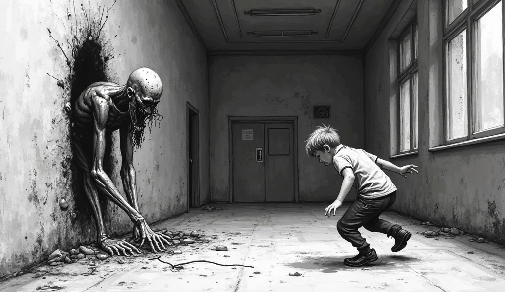 A mother hugs a deformed zombie child in basement. Children's book style. Sketchy monochromatic.