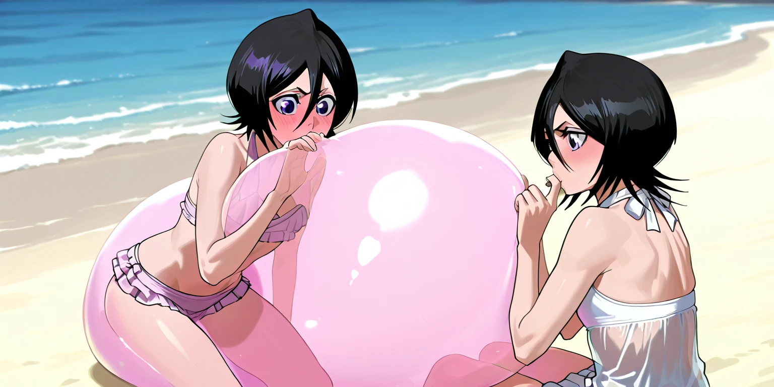 4k, High Definition, 1 girl, Swimsuit, color del Swimsuit: ?????, tipo de Swimsuit: Bikini, short hair, Hair color: purple, slanted eyes, Eye color: purples, macabre smile, BIG BREASTS, big thighs, demon tail, small demon horns, sharp teeth 