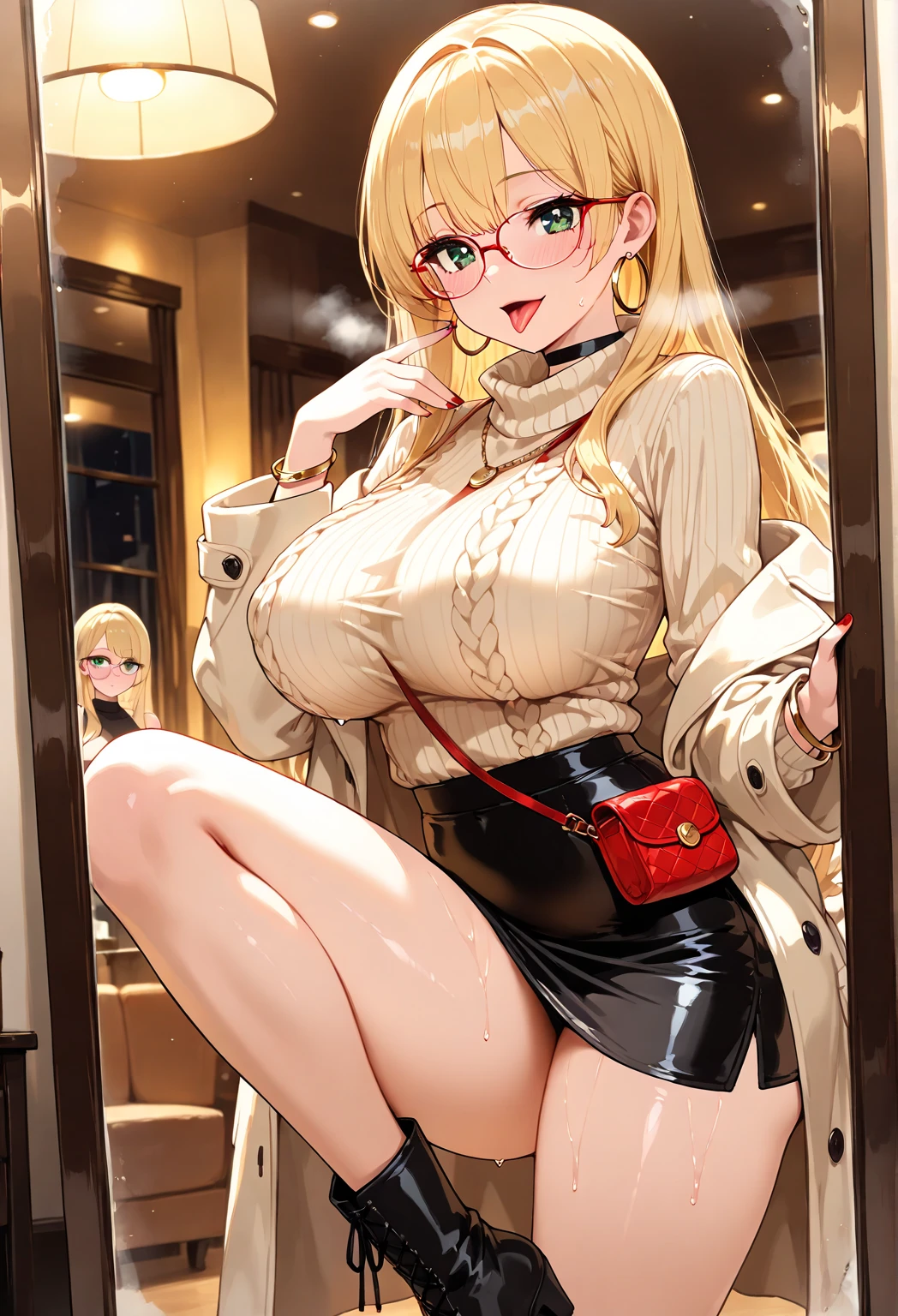 Hot sexy beautiful cute milf,brown see through t shirt,black pencil skirt, silver chandelier earrings,big breasts, lipstick,makeup, blonde hair,two falling hair strands,blush,short hair , glasses , purple eyes, stockings