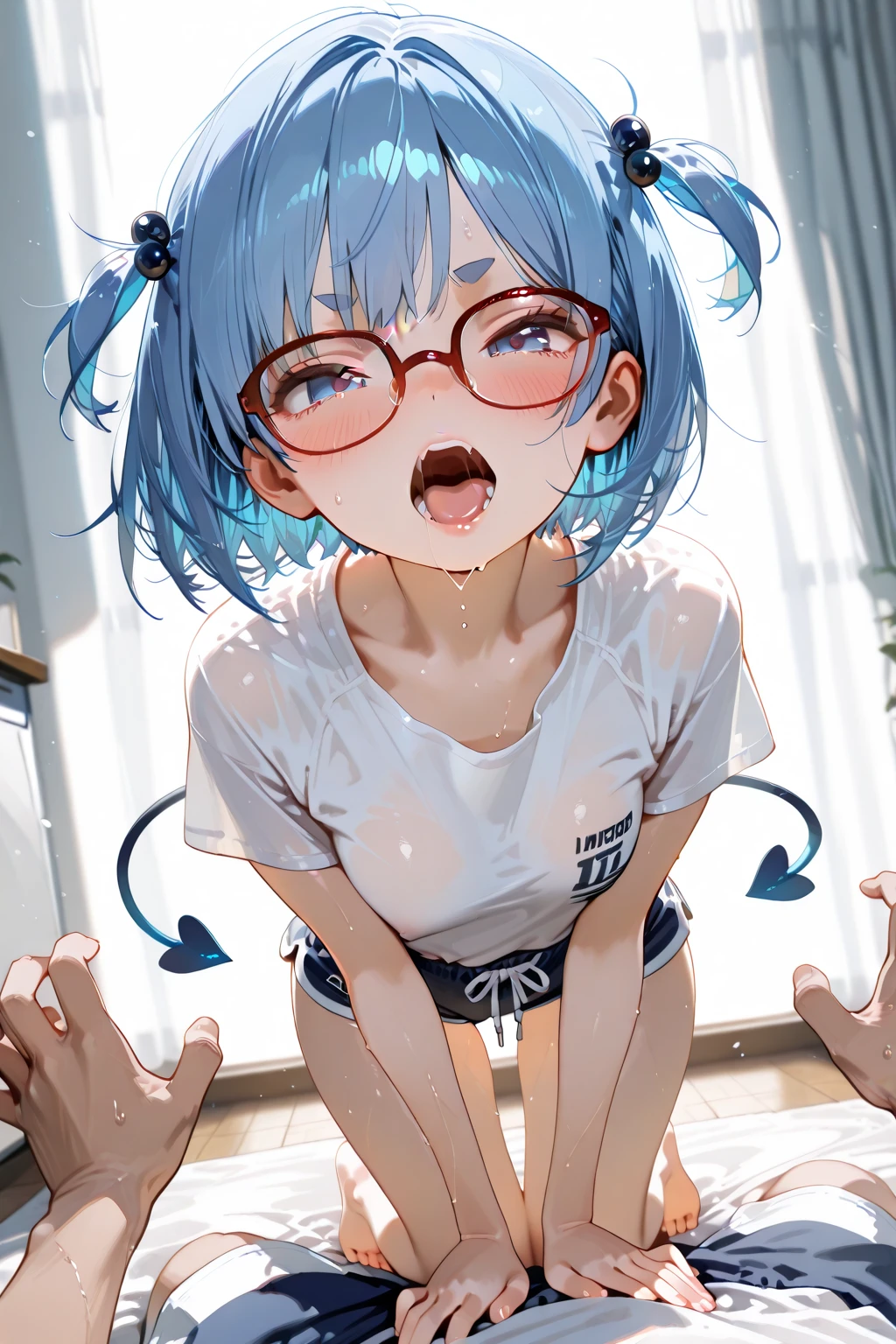 Erotic、Bedroom、Completely naked、Glasses、fat、Naked woman with a penis growing out of her crotch、Semen comes out、Sweat、ejaculation、Embarrassed expression、ejaculation、Jolt!!Jolt!!orgasm、!!!!Beep!Feels good、Grab your dick、No clothes、futa