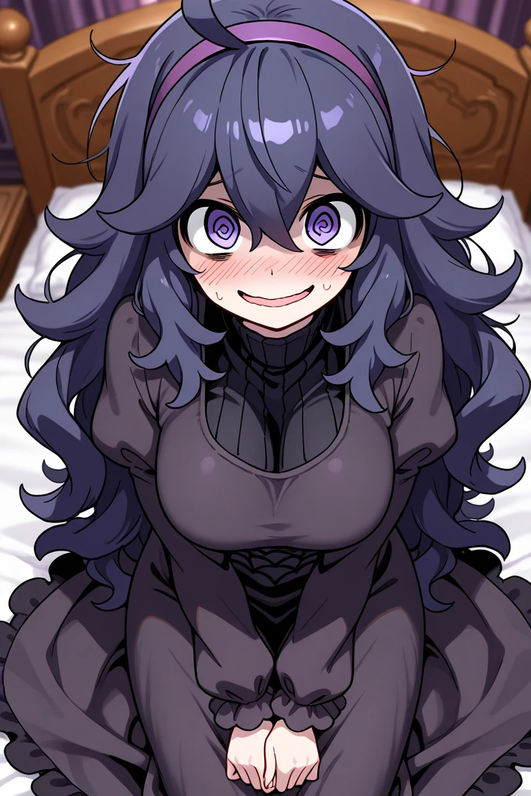 dark skin, short purple black hair, purple pupils, love in eyes, necktie, blushing, shyness, drooling, rolling eyes, green necktie, purple sweater, long sleeves, miniskirt, exposed panties, hands raised above the head, lying on bed, big breasts, leg rings, white liquid, binding, single