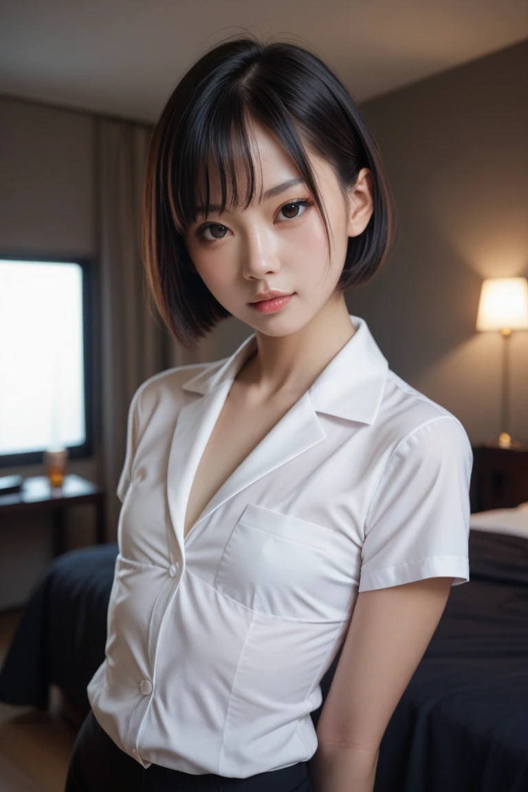 (1 Girl)、(Beautiful Japanese、18years old,round face、Refreshing、clear、seems kind、stylish、Pitiful、cute like an angel、cute、black eyes、,actress,Almond-shaped eyes), Good style , (Beautiful big breasts:1.2),(soft breasts),(very cute),(Black hair),(short bob hair),(enchanting eyes),(highlight on eyes:1.2)、(8K、Live shooting、highest quality、masterpiece:1.2、optimal lighting)、((masterpiece)),(Photo taken by a professional photographer),(real、photo real:1.4),break,{ (White nurse costume),(((taraditional nurse uniform))),,{(White nurse tight pants)},(cleavage:1.2)},( jumpy:1.4),(tears:1.4))(cheeks are red:1.2), break, break,Hospital,Face shot:1.3、Night corridor、Looking at viewer:1.6, face close-up,Looking up、Are standing、ghost