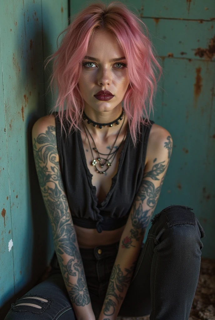 Young adult woman 22 years realistic, sexy with medium tits, modern punk style similar to harley quien, with long blonde and a little pink hair, with a broken heart tattoo on the neckline for the profile image