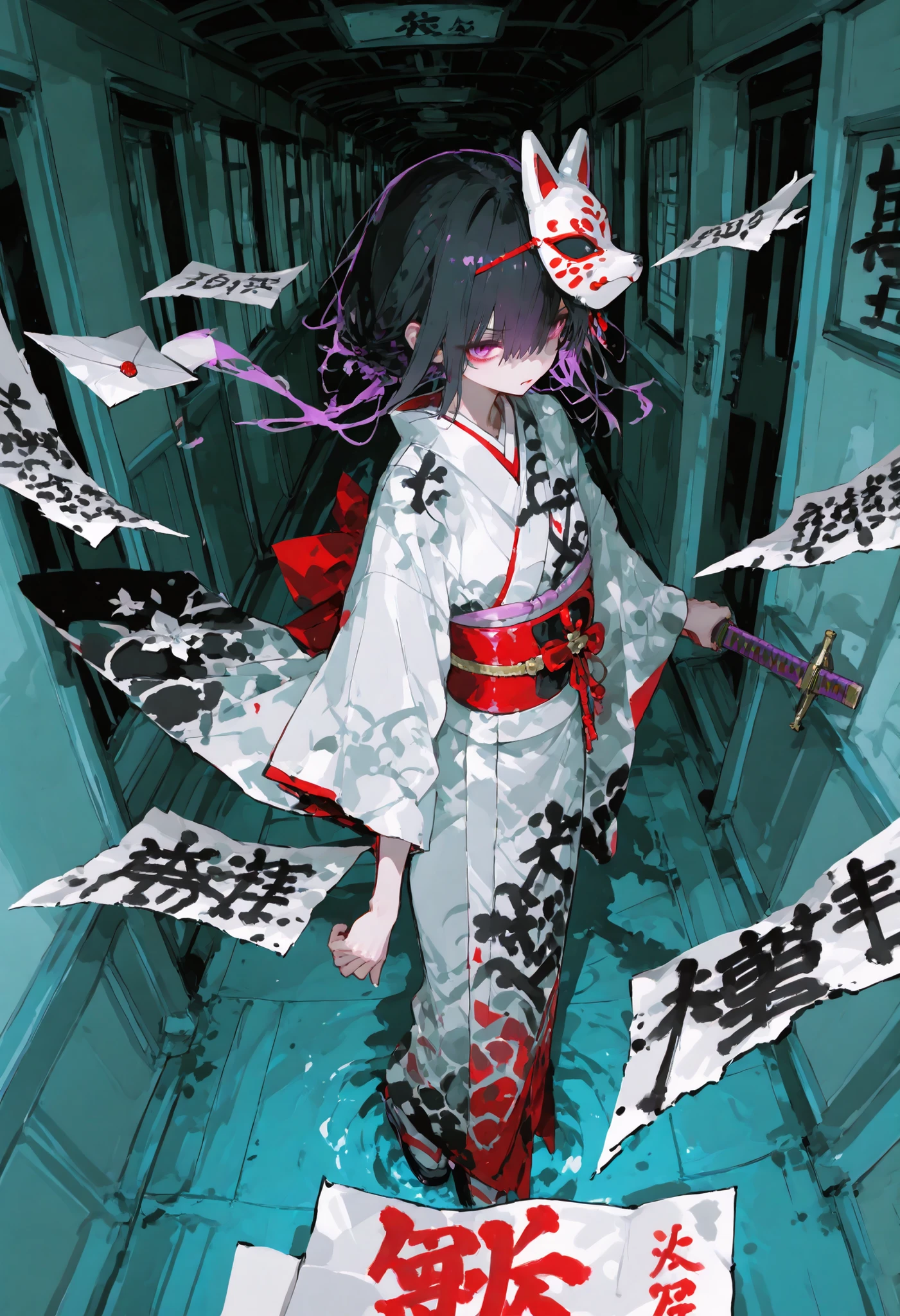 calligraphy。hallway、Fight in。letter combat、Action、1 sheet of floating paper、Attack、Kimono、