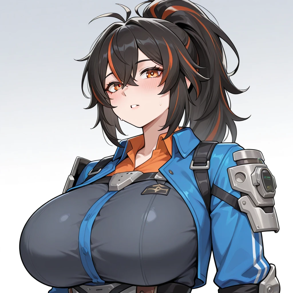 Vantage, brown eyes, short brown hair, VanGear, fingerless gloves, blue jacket, boots, armor, huge breasts, cleavage, muscular, thick, muscular arms, bbw, gigantic breasts, massive breasts, flirty, thick thighs, looking at viewer, seductive, wide hips, flaunting, smile, (insanely detailed, beautiful detailed face, masterpiece, beautiful detailed eyes, best quality)
