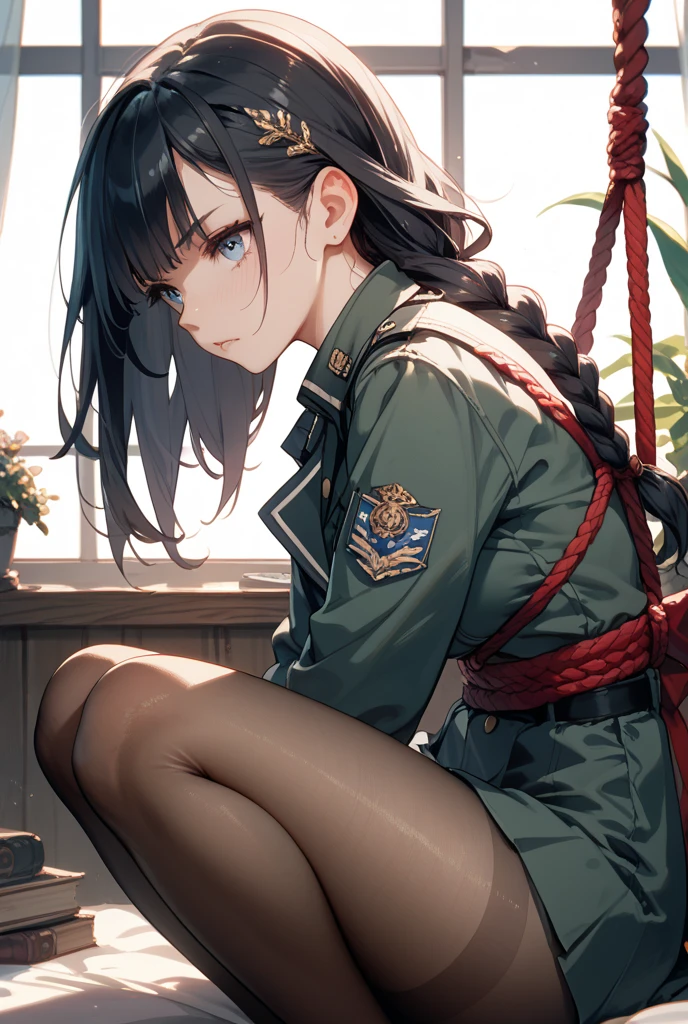 sparrow, black hair girl, wearing a sweater, black skirt, medium hair, headphone, because I'thin, teen, serious face, Japanese high school girl. She stands at the shrine,cherry blossoms,Looking up at the blue sky,Walking through the streets of cherry blossoms