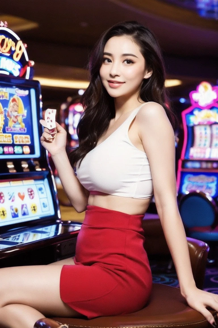 A girl dances through a crowd in a bar in a white bra and denim shorts while smiling and looking at me at night and disco lights., (Music Festivals),big breasts, stand,raw image, best quality, received the masterpiece award,UHD,16K, ((feeling from music)), from above,(random background,In casinos,VIP casino room, Modern Casino Console, Modern Slot Machines )
