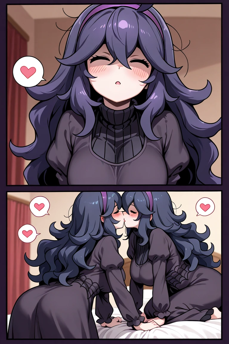 lesbian threesome, long black hair purple eyes woman with big tits, long wavy washed pink hair green eyes woman with small breasts, medium lenght wavy lilac hair woman with lilac eyes, 3 women, about to sleep, night gowns
