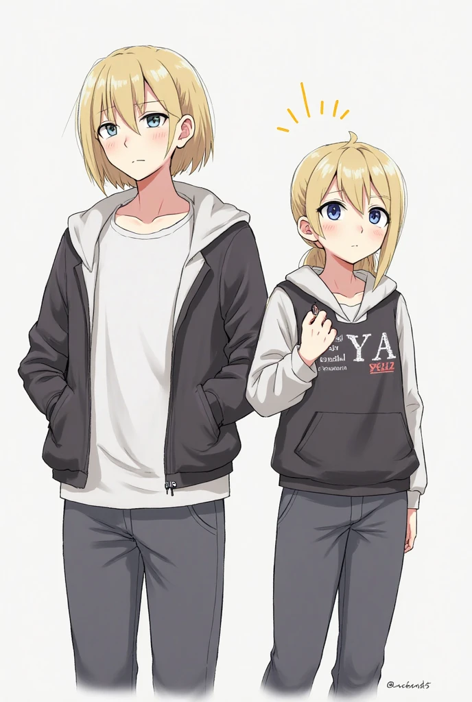 （One girl）、short hair、(sidelock)、(Blonde)、(sidelock)、((boyish))、((flat chest))、((Wizard))、black stick pants、 sleeveless、black jacket、black gloves、say、green eye、arm behind back、(coarse hair)、20-year-old 、curvy、White Background、