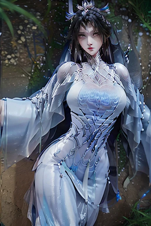 1 girl, nose blush, gorgeous dress, ((detailed fingers)), elegant standing posture, (bare legs), aqua eyes, vibrant eyes, cleavage, side face, white hair, close-up, chiaroscuro, reflected light, surreal, high detail, modern, UHD, super detail, high detail, best quality, high resolution, high quality, textured skin, detailed real fingers, detailed background, rich background