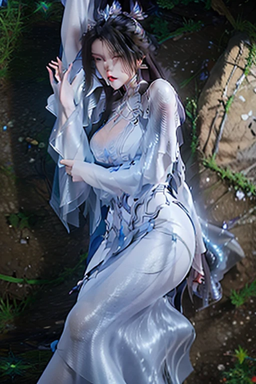 lifelike, high resolution, soft light,1 lady, alone, Buttocks up, shiny skin, (Detailed face),tattoo, jewelry, winter hanfu, Cloak, snow, night, curls, beautiful soldier, Attract the audience's attention, Lover's perspective, invitation emoticon, sexy smile, perfect style, perfect balance, Delicate skin, mischievous glance, breasts visible