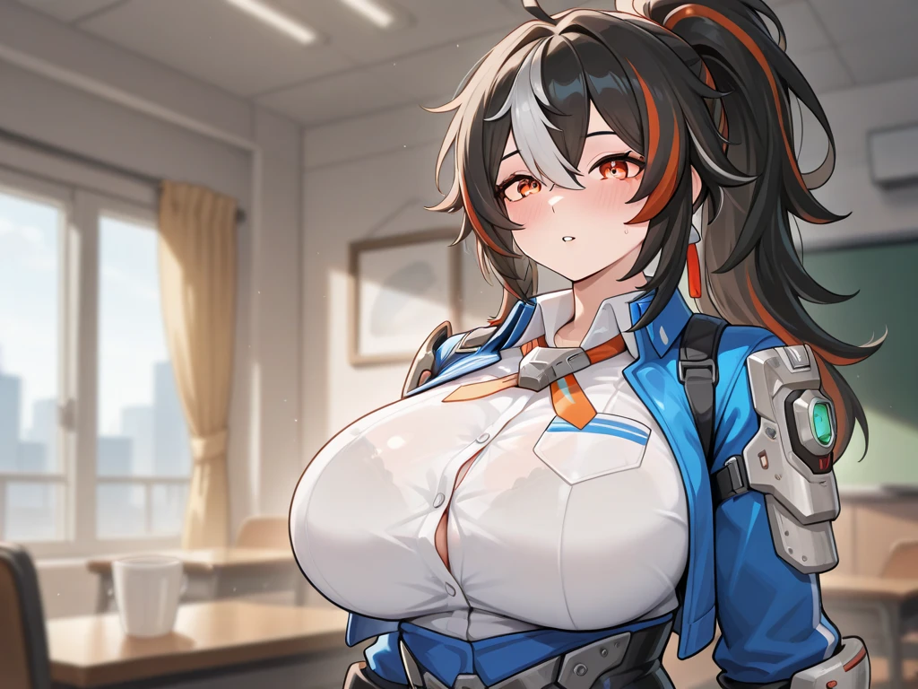 An absurd solution, High resolution, (masterpiece: 1.4), Super detailed, A young woman with dark hair dressed as an engineer, Blushing and excited expression, Sitting in a very small, enclosed mecha control room