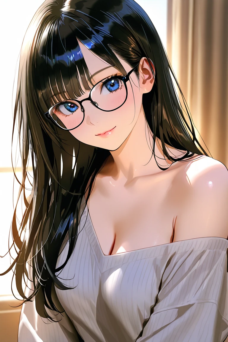 upper body,masterpiece,Portraiture, Realistic, blue eyes, Black Hair, Glasses,Medium Straight Hair,Large Breasts, 8k resolution, High quality CG, Beautiful CG, Soft Light, smile,Luxury Camisole,