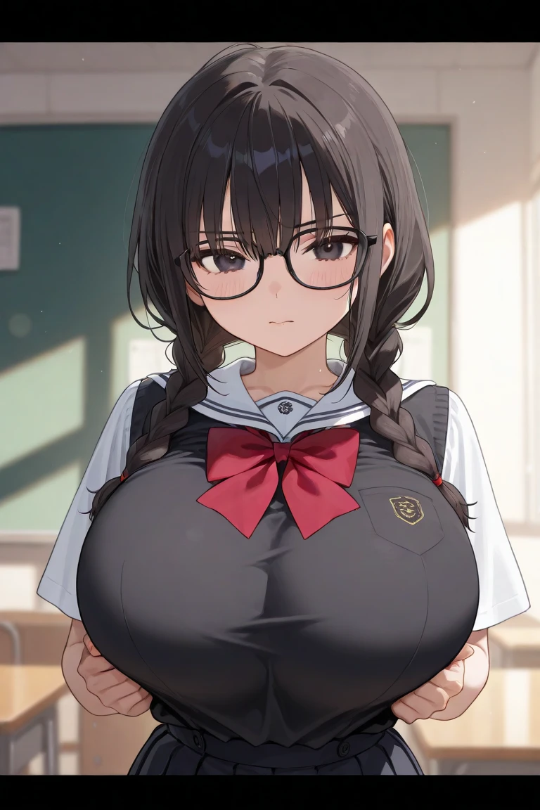 highest quality,wonderful,finely,extremely detailed CG unity 8k wallpaper,1 girl, big breasts,Beige School Cardigan, bow tie, cleavage, check pleated skirt, lift skirt, huge breasts, Breast flick, black hair, glasses, blue eyes,twin tails, highest quality,Super detailed,unity 8k wallpaper,game CG,oily skin, shiny skin,