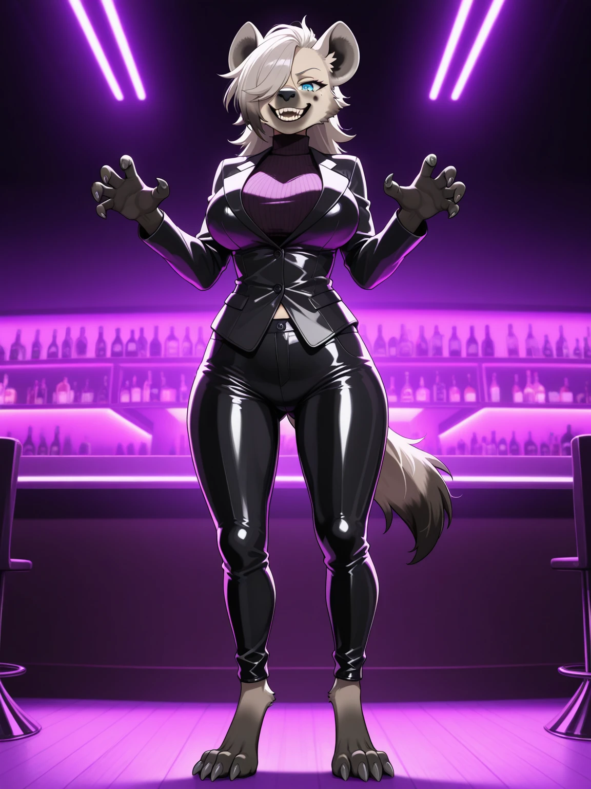 by darkgem, by duase, by boosterpang, by BNG, solo, 1girl, sergal, (white fur:1.3), black hair, seductive smile, (round glasses:1.2), buff, muscular, female, older woman, milf, red eyes, (hyper hips), thick thighs, (huge breasts:1.2), nipple outline, thick nipples, highly detailed eyes, (black latex bodysuit:1.6), (black heels:1.4), Masterpiece, best quality, absurd res, highly detailed, cleanly drawn eyes, nightclub, bright lighting, (big bottom lip:1.2), purple lipstick, casual posture, leaning against bar,