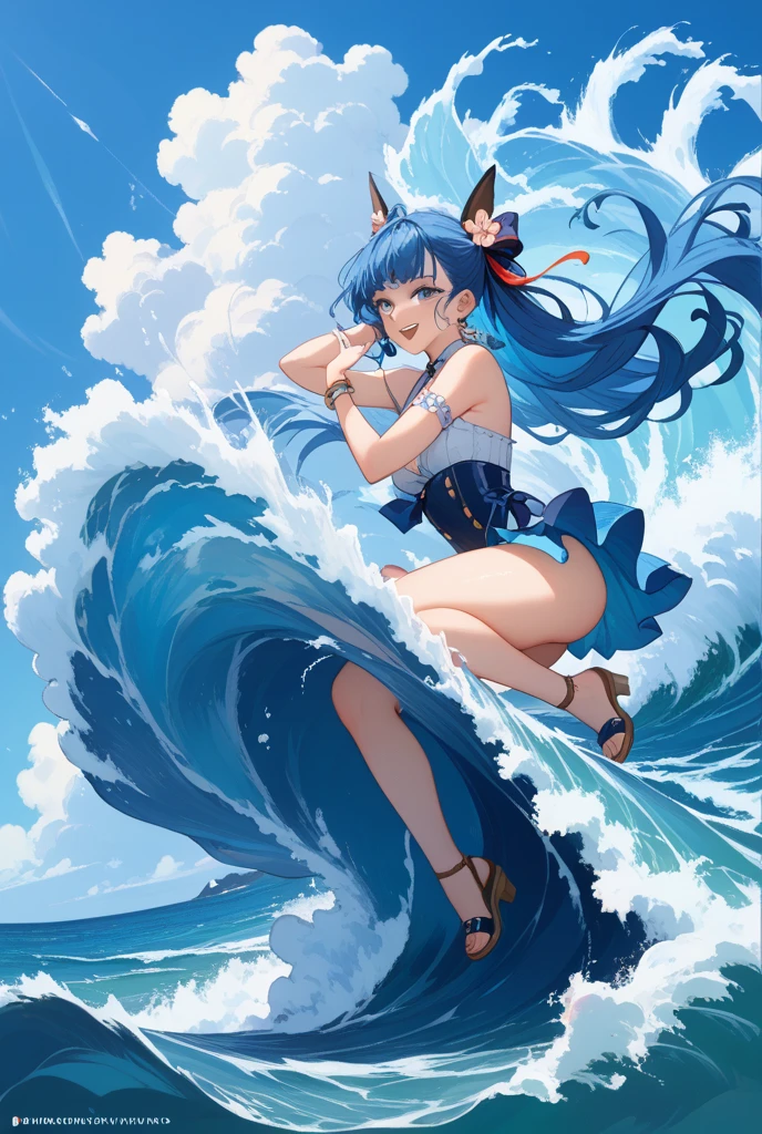A happy and smiling but normal person with blue hair and calm but lively, Ojo, horse and colored skin but nothing too extravagant