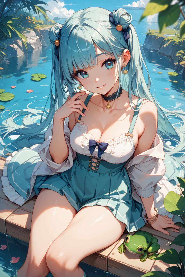 top-quality、hight resolution、detaileds、Blue Slime Girl、lightly dressed、Ruined River、Long bun hair、Cute appearance、A smile、tits out、NSFW,