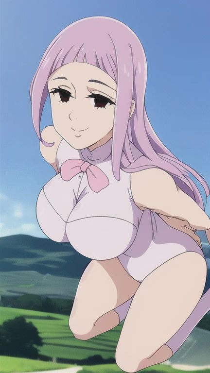 melascula, empty eyes, white leotard, pink hair, purple hair, long hair, massive mammaries, dynamic pose, sexy smile, (wet skin:1.1), in white bikini, on the beach, cleavage