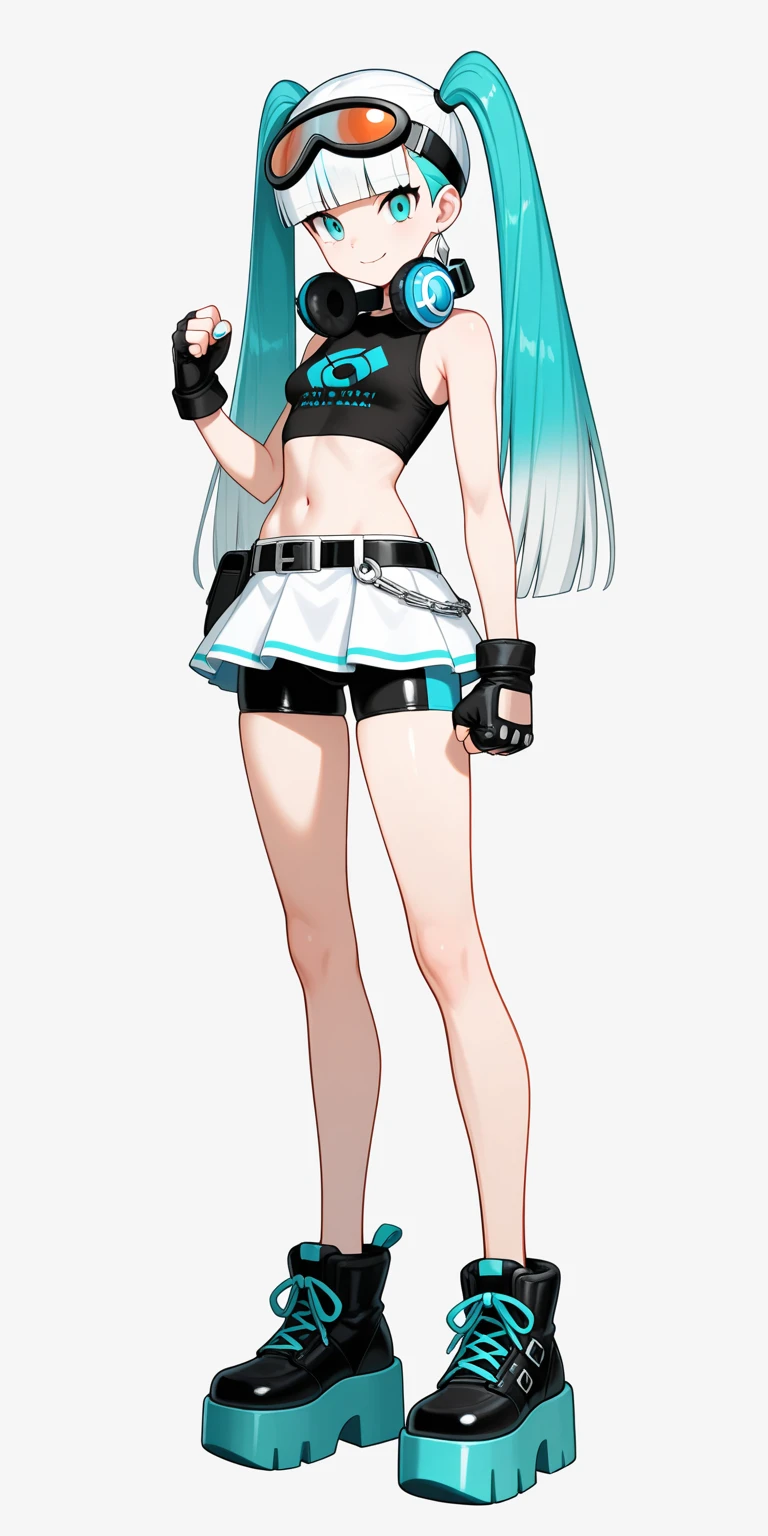 masterpiece,best quality,amazing quality,(pokemon_style),(ultra details),(anatomically correct),solo,1girl,beautiful girl,full body front,slim body,very long legs,beautiful legs,slender legs,uncovered legs,beautiful skin,beautiful eyes,beautiful face,no socks,no stockings,silver earrings,gradient hair,white hair,aqua hair,straight hair,high twintails,blunt bangs,aqua eyes,headphones around your neck,goggles on the head,black shirts with sleeveless,cropped shirts,midriff,wear a black belt,white miniskirt,bike shorts,bike shorts under miniskirt,black gloves,fighting gloves,fingerless gloves,fist,(black leather sneakers,chunky platform shoes,aqua laces),looking at viewer,standing straight,closed mouth,smiling,simple white background