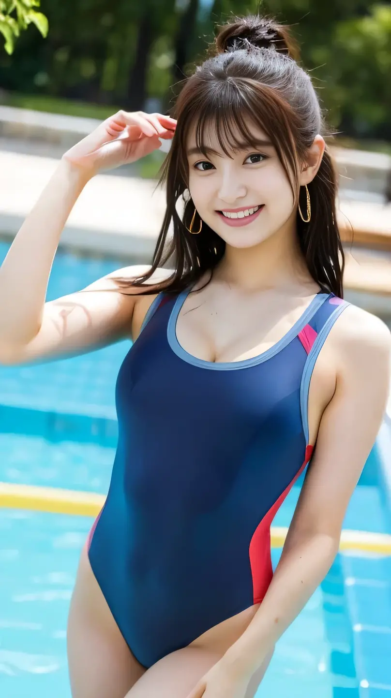 (masterpiece, Highest quality:1.2), 8k, Young and beautiful girl, 85mm,Official AR RAW Photos, Baby Face、Brown tanned skin、Big Breasts、(((Please show me only one breast))), Show me your ears、photo shoot, Cute Face, Thighs,Looking at the audience, Embarrassing、smile、Film Grain, chromatic aberration, Sharp focus, Face Light, Bright lighting, 10 generations, Detailed face, Background Blur、((((((15-year-old high school girl))))))、Thin competitive swimsuit、Poolside、