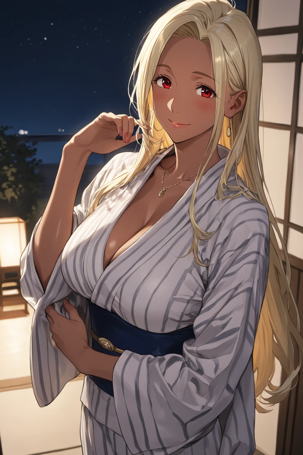 (masterpiece, highest quality:1.2),(Shiny skin:1.6), Upper Body, Detailed cloth texture, Detailed hair texture, One girl, alone, 17 year old girl sexy pose, Long eyelashes, Lips parted, shining pink lips, Red eyes, (The body is slim:1.1), (Beautiful blonde long hair:1.2), (Huge breasts:1.3), Floating Hair, (bangs), (yukata,小さいyukata), (Cleavage), (necklace, Earrings), smile, Blushing, View your viewers, (Cowboy Shot:1.5), Hotel Rooms,