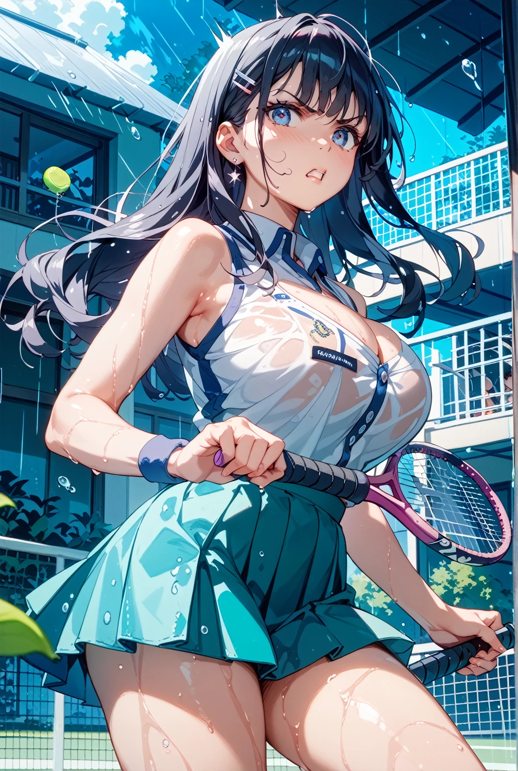(masterpiece、Highest quality、))、beautiful detailed eyes 、ultra-detailed、 , Gray Hair、Ahoge、Long Hair, Blue eyes、ponytail 、big breasts、blurry background、bashful、pinup, play tennis, (swing tennis racket:1.1), wear tennis uniform, in Tennis court, (moving:1.2), tennis ball, hit the ball with a racket, some players、Panty shot、windy,floating hair、floating skirt、open clothes、cleavage、spread legs、sweat,see-through,bent over、