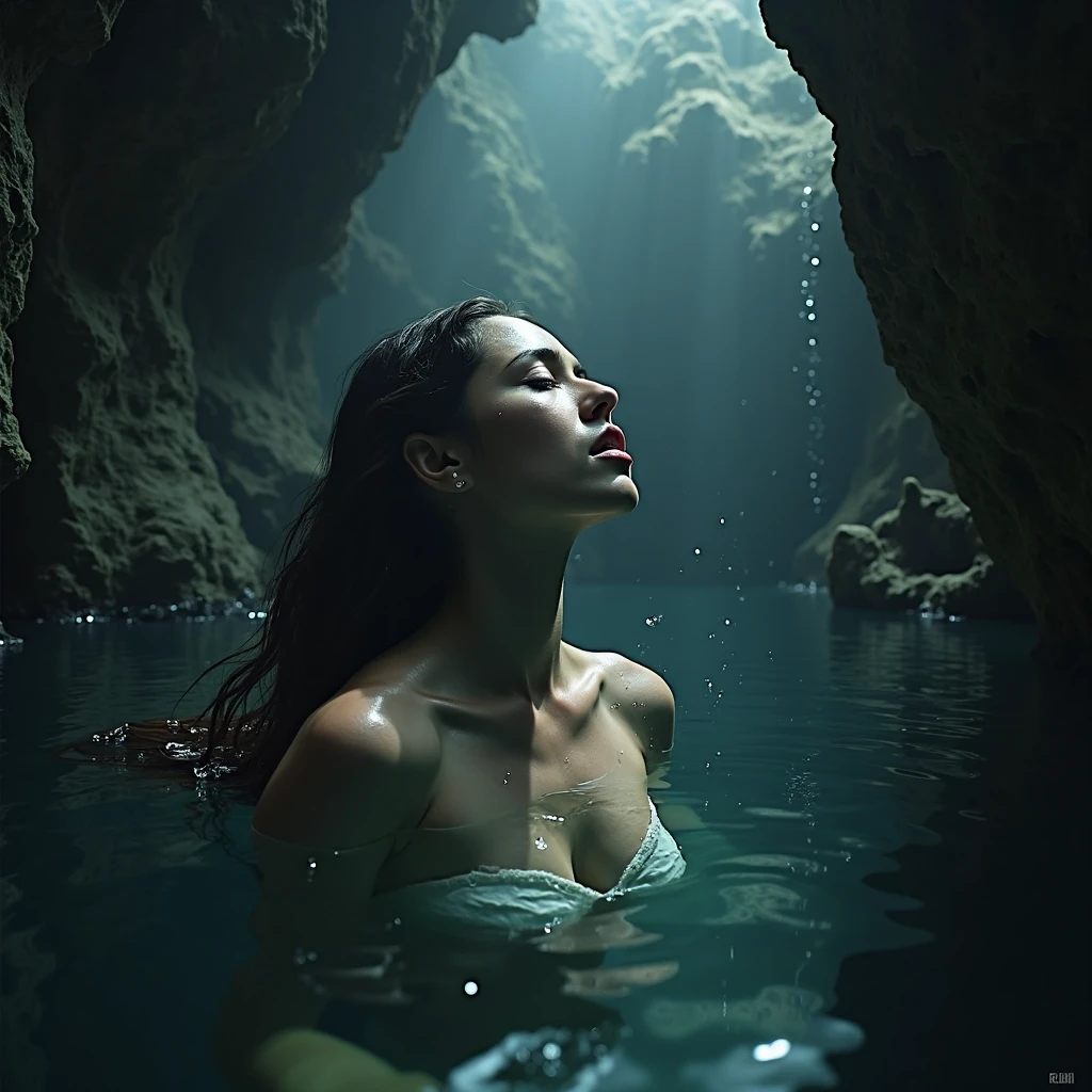 full body shot, stunningly beautiful naked 30 yo girl, blue eyes, choppy haircut hair, fear, turning to the side with a seductive glance, emphasizing facial features and allure, misty lighting, soft, misty light adding an air of mystery and enchantment to the scene, a magical bioluminescent bay, where the water glows with ethereal blue light after dark, dreamlike,...
