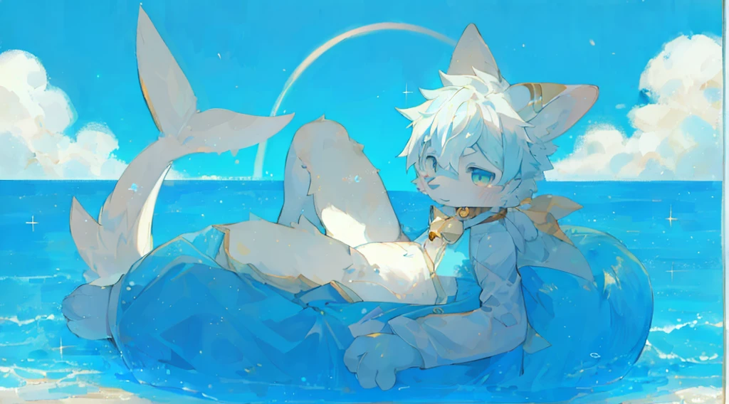 Under the Sea, Young male white cat wearing a white diaper jumping, An anime drawing by Puru, pixiv, furry art, sfw version, Bird&#39;s-eye view, UHD, masterpiece, anatomically correct, textured skin, super detail, high details, high quality, best quality, highres, 8k
