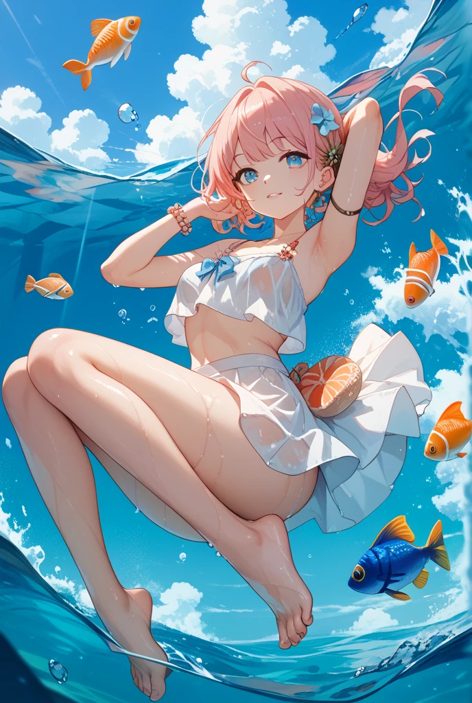 (8k, masutepiece, Best Quality, Official art, beautiful detailed, beautiful lighting, best masterpiece in history that exceeds limits), (1 Girl, solo), (sixteen years old), (beautiful detailed face), (wet shiny white skin), (Beautiful big bust, cleavage:1.3), (thighs, navel), (beautiful detailed pink twin tails hair, bangs:1.3), (beautiful detailed drooping pink eyes:1.5), (Beautiful detailed cute white bikini, side-tie_bikini_bottom, white ribbon, white frill:1.3), (happy smile:1.2), (dynamic angle, dynamic cut, Attractive, Look at the camera, cute pose, swimming), breathtaking scenery, (ultra detailed beautiful under the sea, tropical fish, Coral Reef, colorful jellyfish, white dolphin:1.2),