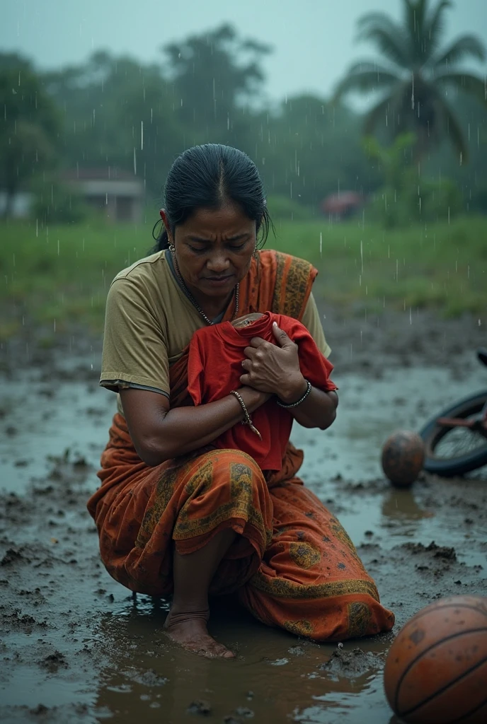 Helpless Indian mother with her child fully drowned in water in a village